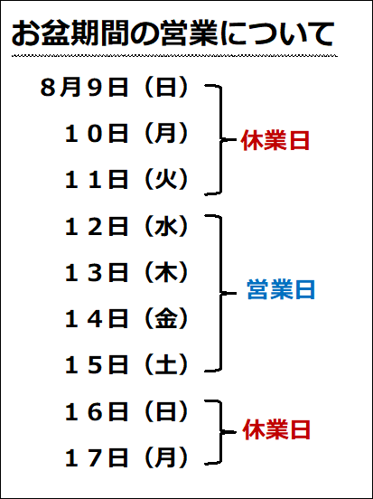 お盆期間の営業について
８月９日（日）
１０日（月）
１１日（火）
１２日（水）
１３日（木）
１４日（金）
１５日（土）
１６日（日）
１７日（月）
